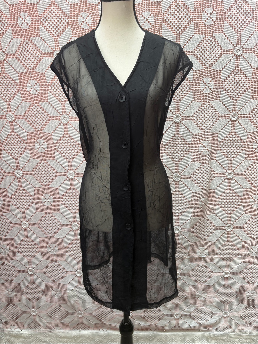 Sheer Black Button Front Tunic Vest